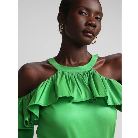 NWT New York & Company Cold Shoulder Halter Neck Ruffle Taffeta Blouse: Size Med - Picture 4 of 11